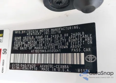 2018 Toyota Camry Le из США, поврежденный, VIN 4T1B31HK6JU505641